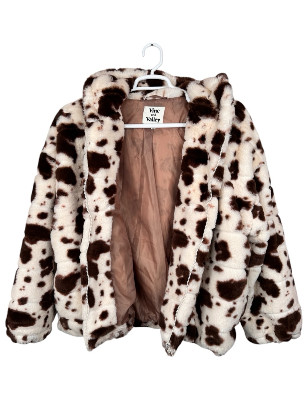 Vine and Valley Cow Print Faux Fur Full Zip Jacket - Brown & Cream